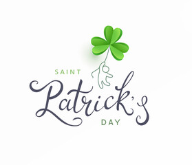 Saint Patrick's Day holiday greeting card and paper shamrock flying leaf background. Green irish symbol Good Luck banner. Vector clover pattern with lettering