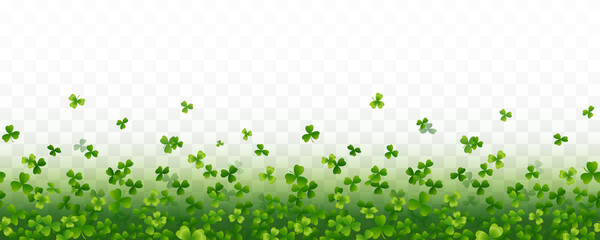 Shamrock flying leaves seamless border isolated on transparent background. Green irish symbols Good Luck banner. Vector clover pattern for Saint Patrick's Day holiday greeting card design