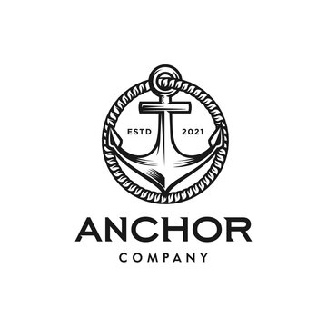 vintage anchor badge logo design Illustration with circle rope drawing, Marine Design element for poster, card, logo, sign, emblem, label, badge. Vector image