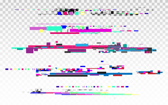 Glitch set with color elements. Digital abstract shapes. Random pixel elements. Modern cyberpunk broken effect. Data noise texture. Vector illustration