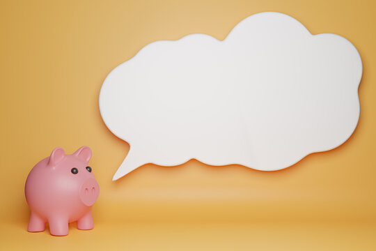 Piggy banks with white blank speech bubble  on Yellow background. 3D rendering.