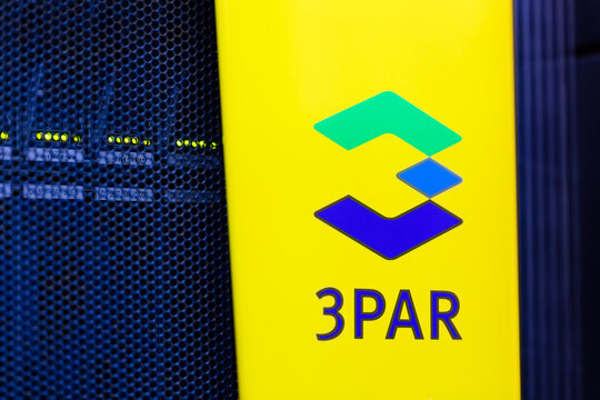 Moscow, Russia - February, 2021: HPE 3PAR logo on a storage rack in Datacenter. The Hewlett Packard Enterprise Company HPE is an American multinational enterprise IT company based in San Jose