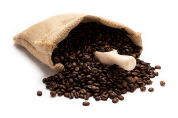 Coffee spoon on bag isolated on white background