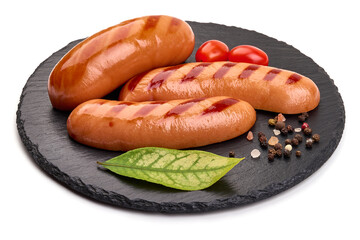 Grilled pork sausages, isolated on white background. High resolution image