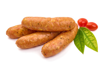 Smoked sausages for grill, isolated on white background. High resolution image