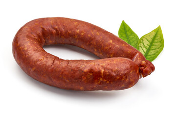 Smoked pork sausage ring, isolated on white background. High resolution image.