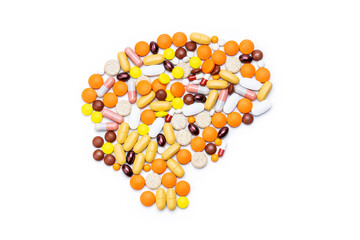 human brain symbol made by drugs, pill and tablets, isolated on white background. mental health medication concept