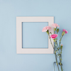 Romantic Spring flower arrangement with  pink carnation and white frame on a pastel blue background. Minimal concept. flat lay.