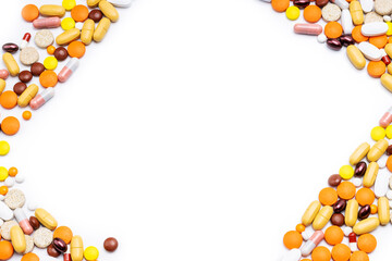 medication drugs frame isolated on white background. above view. border for design. various pills and tablets