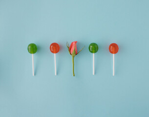 Lollipops, various colors, red and green in line with pink rose on pastel blue background. Be different. Be romantic. Minimal creative concept