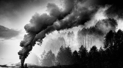 factory smoke covering green forest double exposure global warming climate change