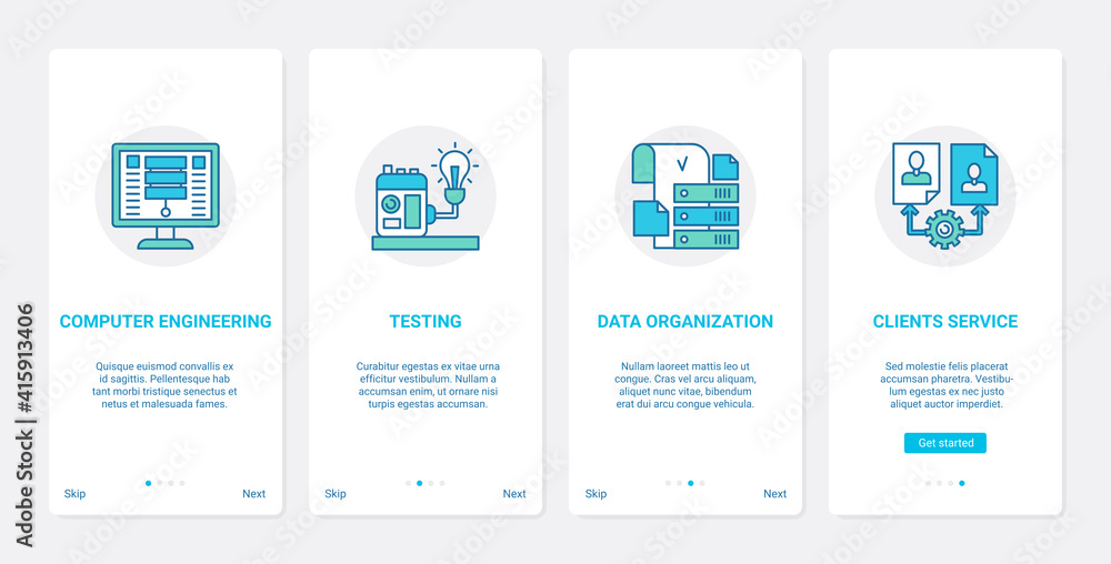 Aufkleber Testing and development of business customer service technology vector illustration. UX, UI onboarding mobile app page screen set with line test data optimization, developing applications for users