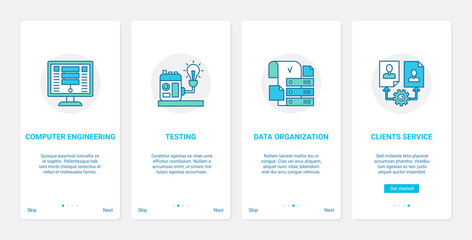 Testing and development of business customer service technology vector illustration. UX, UI onboarding mobile app page screen set with line test data optimization, developing applications for users