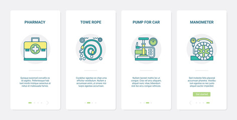 Repair equipment for car service vector illustration. UX, UI onboarding mobile app page screen set with line car pump, manometer pressure gauge, first aid kit pharmacy, tow vehicle rope symbols