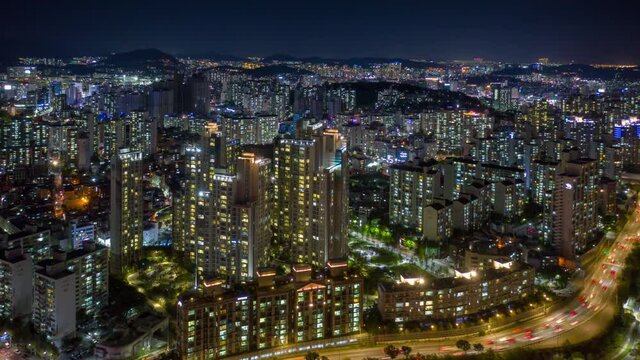 flight over seoul city night illumination aerial panorama 4k timelapse south korea