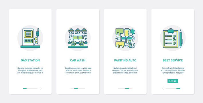 Best care services for car vehicle vector illustration. UX, UI onboarding mobile app page screen set with line gas station, automatic car wash cleaning support, automobile painting technology symbols