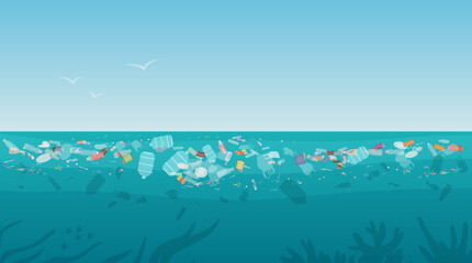 Fototapeta na wymiar Garbage in polluted sea ocean water vector illustration. Cartoon nature scenery with plastic bottle trash waste rubbish floating on dirty surface water, global environmental world problem background