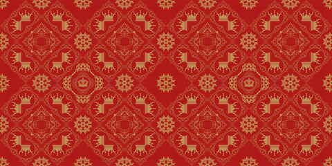 Background image, wallpaper, seamless pattern with gold ornaments on a red background. Vector graphics