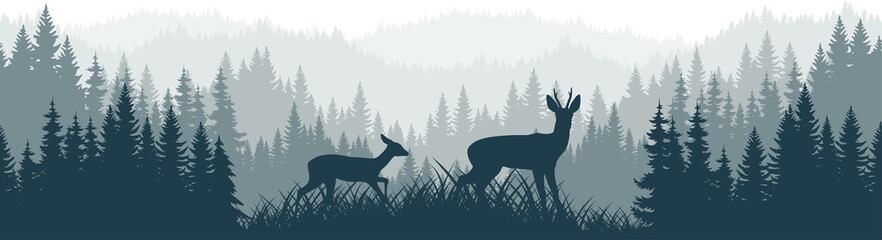 vector mountains forest woodland background texture seamless pattern with Roe deers