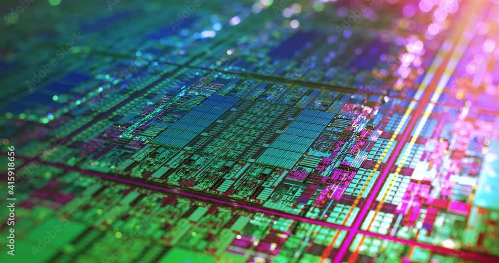 Poster cpu circuitry die shot technology background. colorful data processing on silicon. abstract data tra