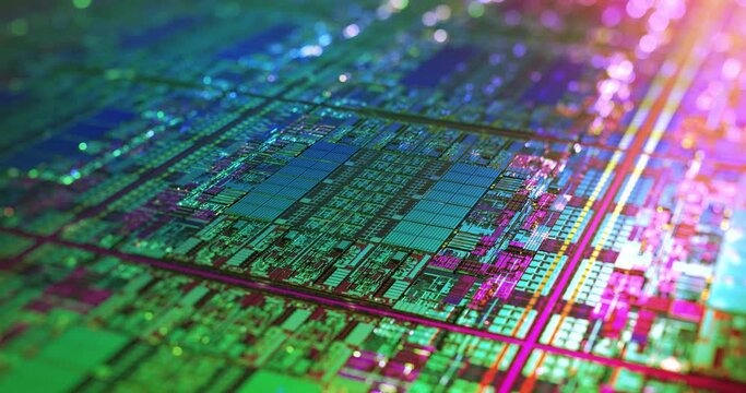 CPU Circuitry Die Shot Technology Background. Colorful data processing on silicon. Abstract data transfer. AI Processor, Quantum, virtualization of data. Chip lithography. 3D rendering, 4K.	