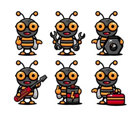cute bee animals character design set themed mechanic