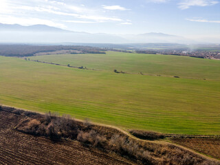 Obraz premium Aerial Sunset view of Upper Thracian, Bulgaria