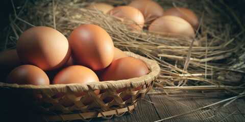 Fresh brown chicken eggs in a basket and in a nest from hay in a barn