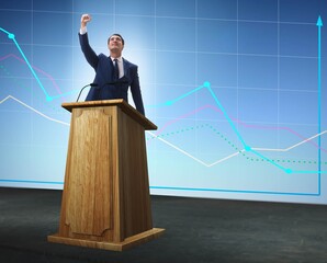 Man businessman making speech at rostrum in business concept