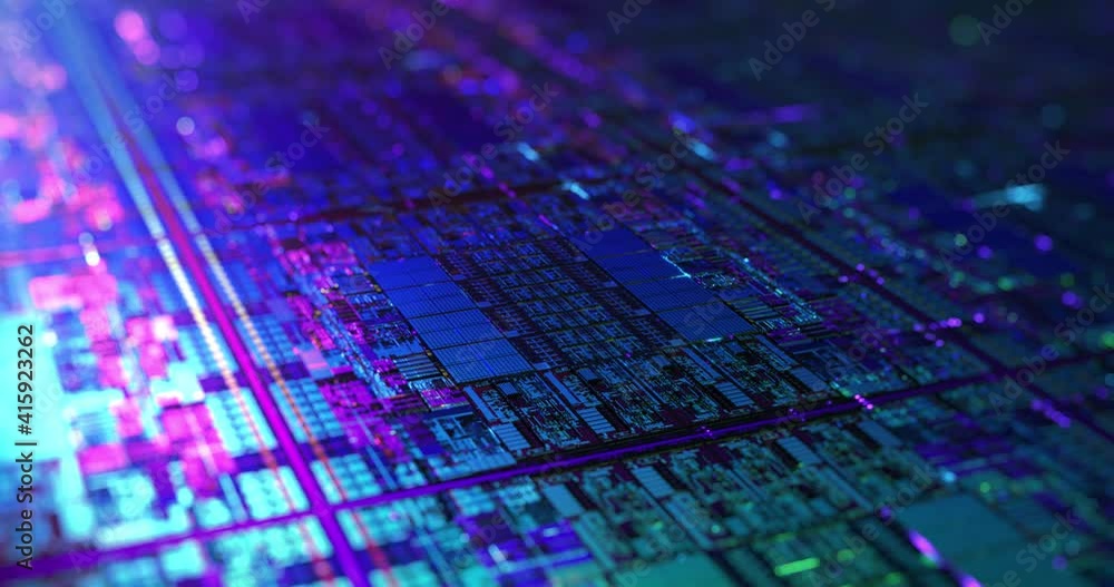 Poster digital futuristic chip, microchip processor with neon lights. quantum computer, large data processi
