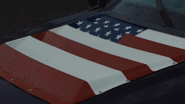 American flag decal on hood of drift car,  close up circle shot