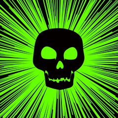 Neon Green background with converging lines and a skull silhouette. 