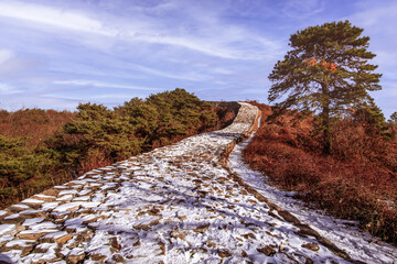 The walking path and top of Pasaseong Stone Wall in Yeoju, South Korea. 