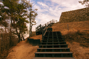 Stairs leading up to the top of Achasan Fortress No. 4 in Seoul, South Korea. 