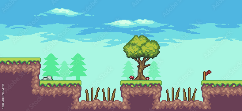 Poster pixel art arcade game scene with trees, thorns, clouds, stones and flag 8bit background