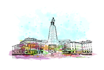 Building view with landmark of Lodz is a city in central Poland. Watercolour splash with hand drawn sketch illustration in vector. - obrazy, fototapety, plakaty
