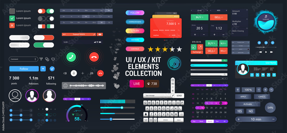 Aufkleber Template elements UI, UX, KIT for Web, App and dashboard. Universal User interface for web design or mobile phone application. Vector set - switches, bars, buttons, social media. UI and UX collection