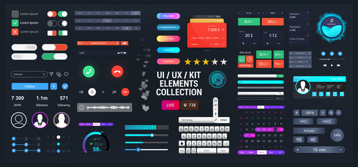 Template elements UI, UX, KIT for Web, App and dashboard. Universal User interface for web design or mobile phone application. Vector set - switches, bars, buttons, social media. UI and UX collection