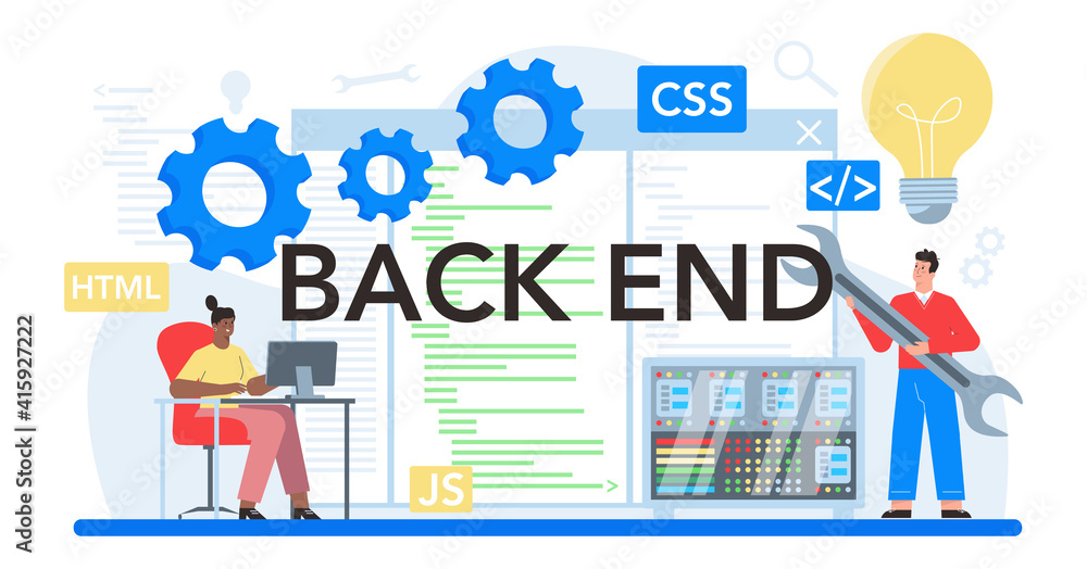 Poster back end typographic header. software development process.