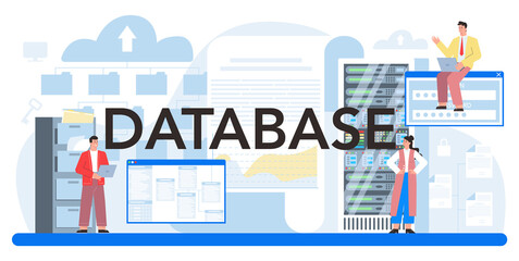 Data base typographic header. Admin or manager working at data center.