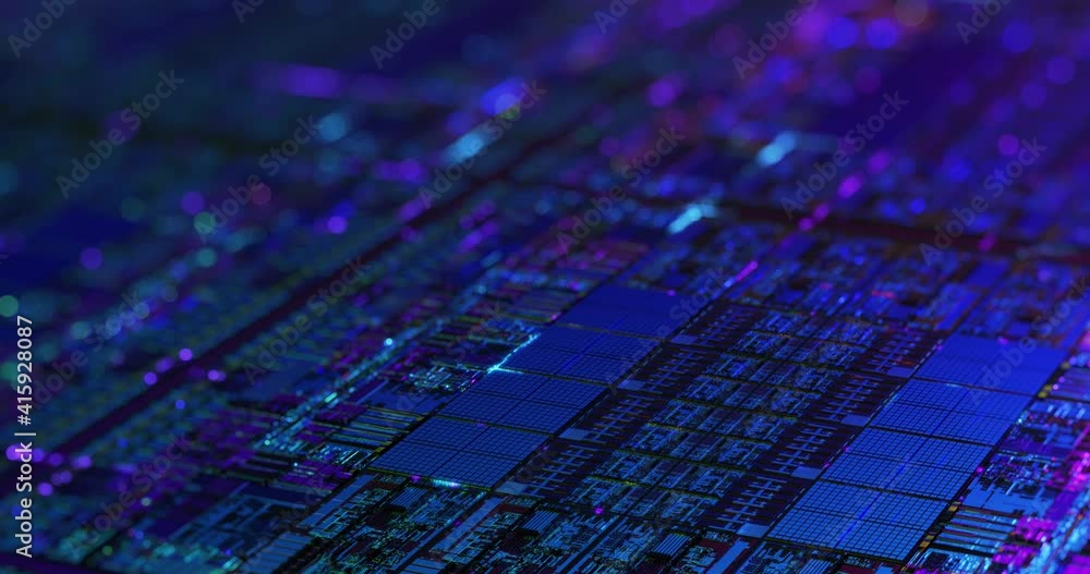 Poster digital futuristic chip, microchip processor with neon lights. quantum computer, large data processi