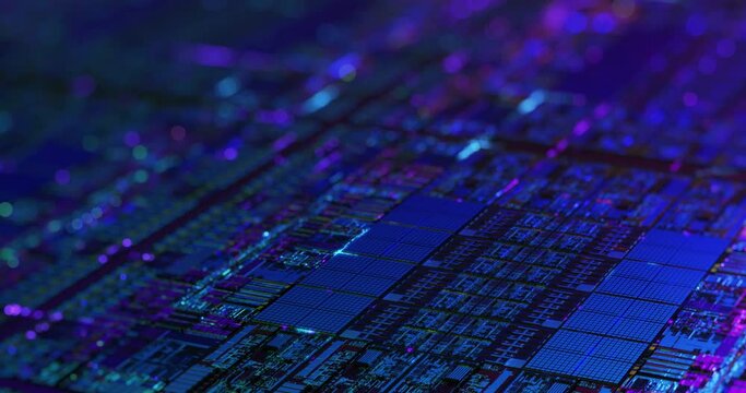 Digital Futuristic Chip, microchip processor with neon lights. Quantum computer, large data processing, database concept. Central Computer Processors CPU motion graphic. 3D rendering, 4K loop