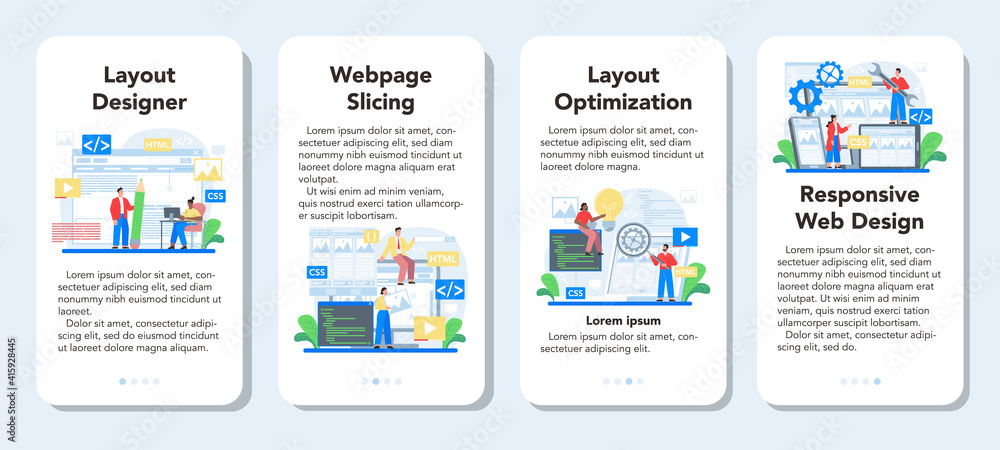 Aufkleber layout designer mobile application banner set. web development,