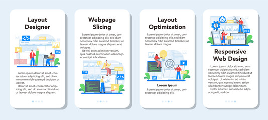 Layout designer mobile application banner set. Web development,
