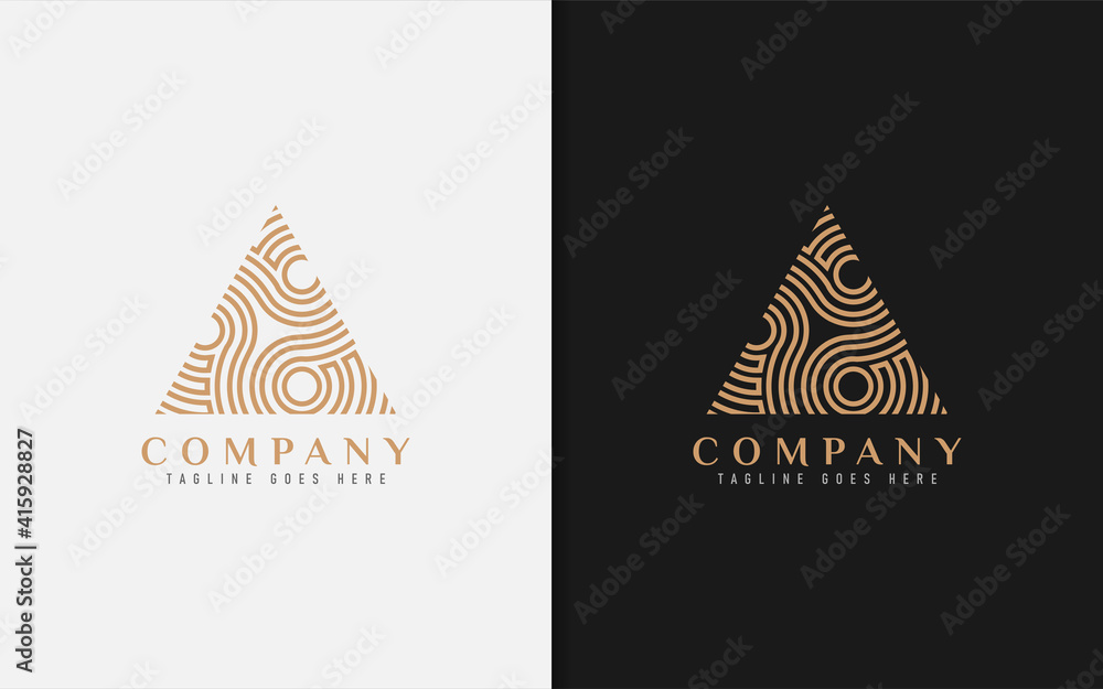 Poster abstract gold triangle with geometric lines inside. vector logo illustration.