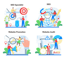 SEO specialist concept set. Idea of search engine optimization for website