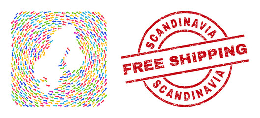 Vector collage Scandinavia map of migration arrows and grunge Free Shipping stamp. Mosaic geographic Scandinavia map designed with colorful navigation arrows around rounded square subtraction.