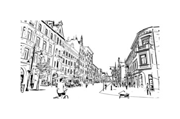 Building view with landmark of Lodz is a city in central Poland. Hand drawn sketch illustration in vector. - obrazy, fototapety, plakaty
