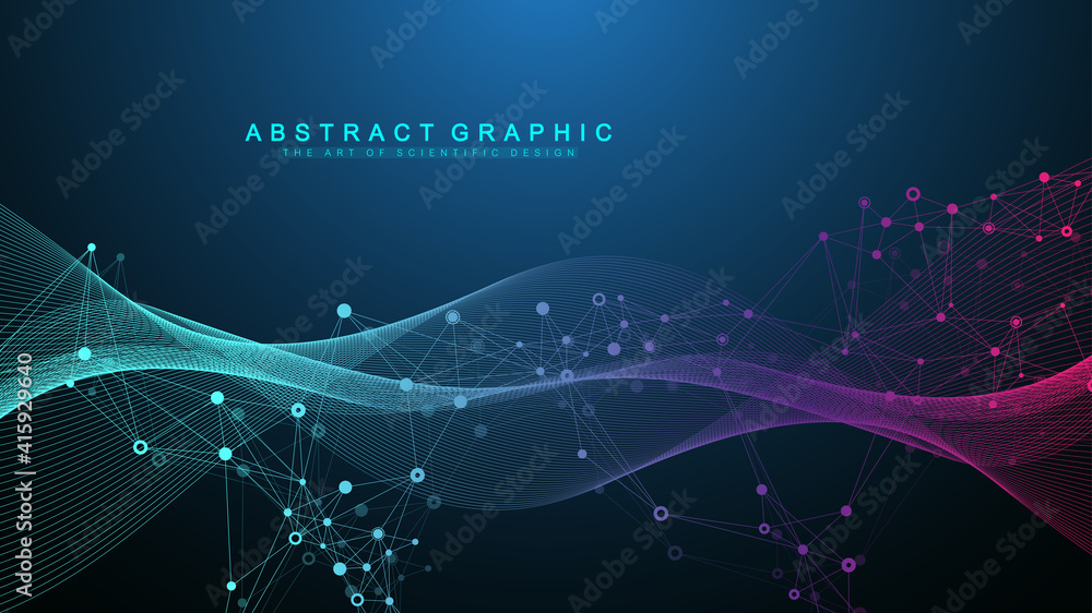 Poster Abstract dynamic motion lines and dots background with colorful particles. Digital streaming background, wave flow. Plexus stream background. Big Data technology, vector illustration