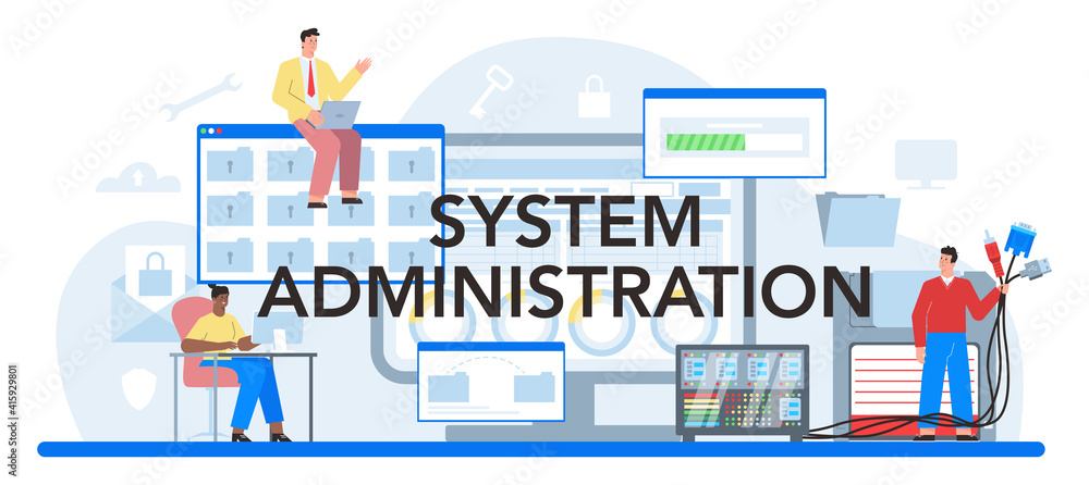 Poster system administration typographic header. technical work with server